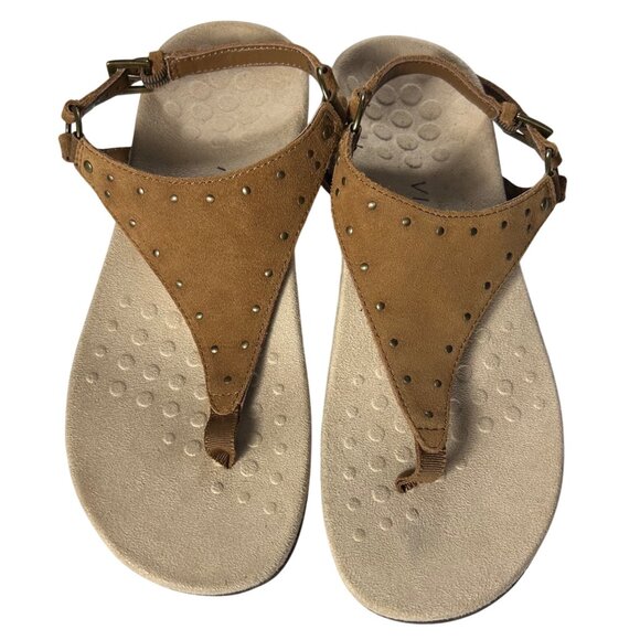 Vionic Shoes - Vionic Womens 7 Brown Suede Adjustable Strap Thong Sandals Studded Arch Support